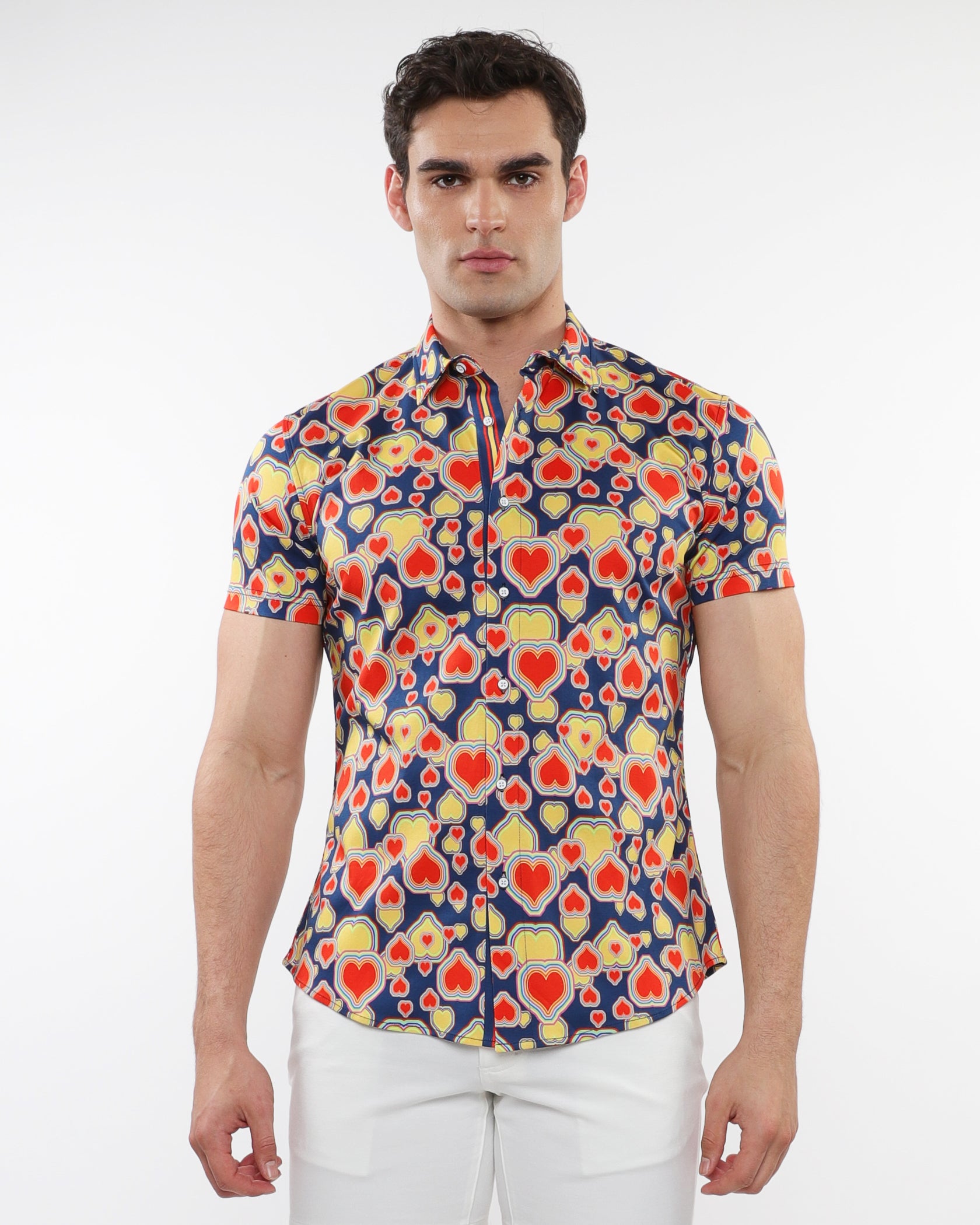 SAPPHIRE/PERSIMMON HEARTS PRINTED COTTON KNIT JERSEY SHORT SLEEVE SHIRT W/ CONTRAST PLACKET DETAIL ST-9315