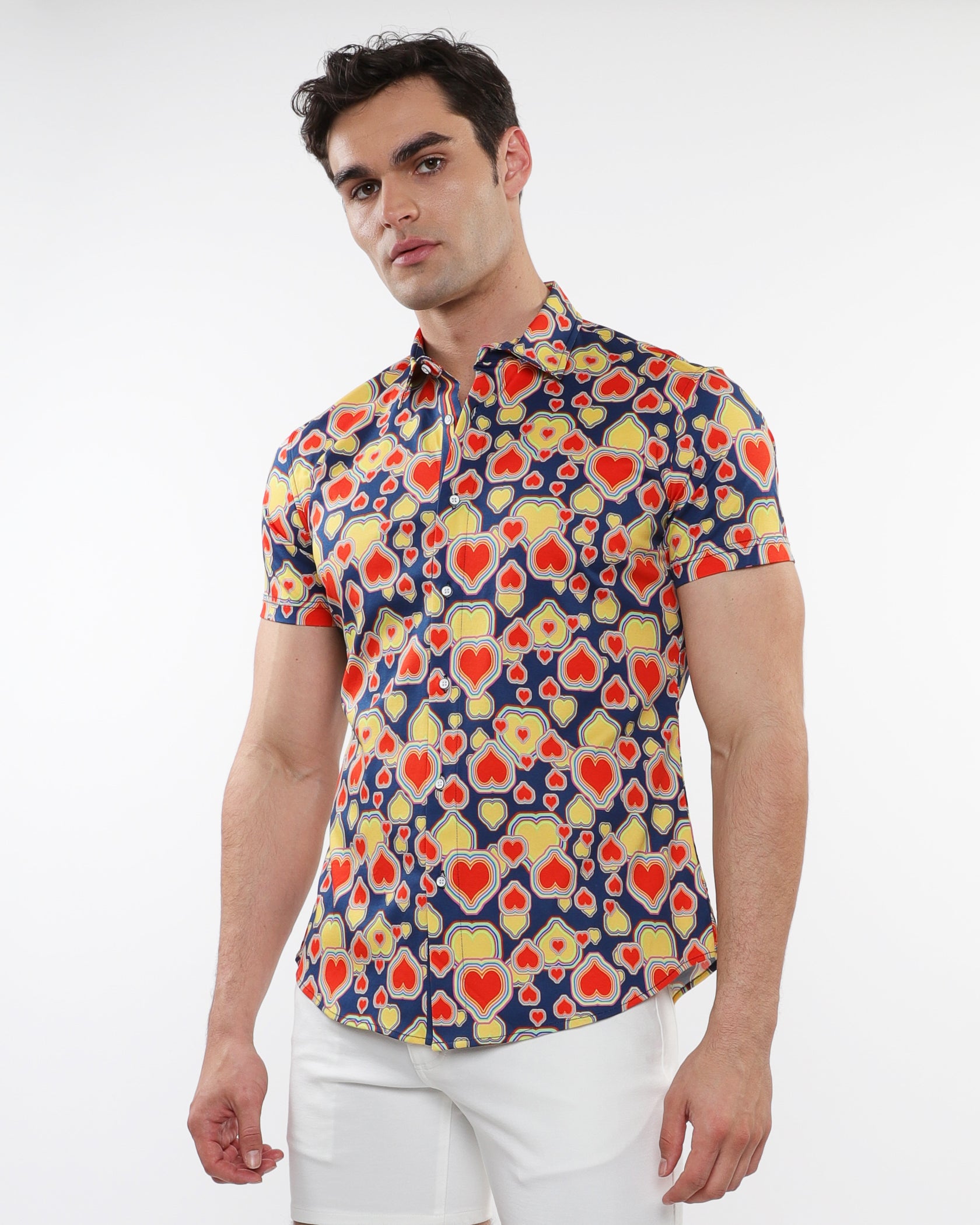 SAPPHIRE/PERSIMMON HEARTS PRINTED COTTON KNIT JERSEY SHORT SLEEVE SHIRT W/ CONTRAST PLACKET DETAIL ST-9315
