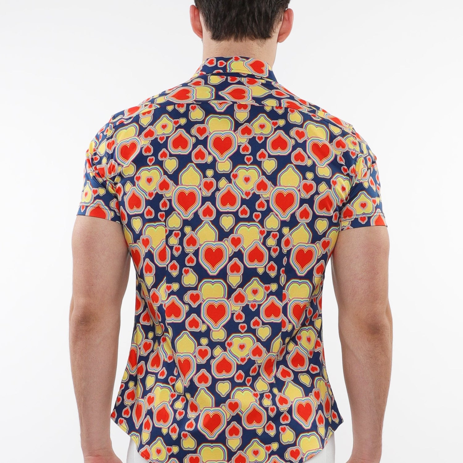 SAPPHIRE/PERSIMMON HEARTS PRINTED COTTON KNIT JERSEY SHORT SLEEVE SHIRT W/ CONTRAST PLACKET DETAIL ST-9315
