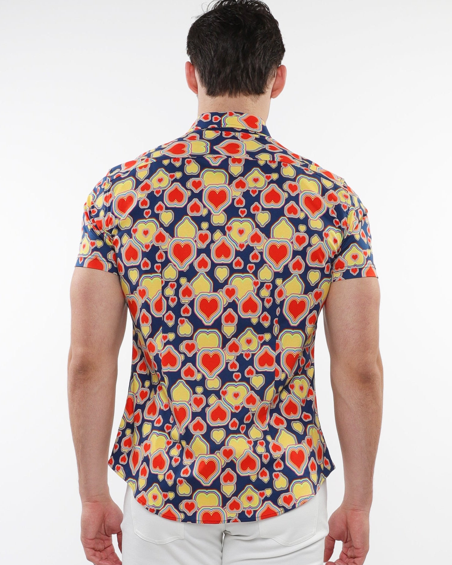 SAPPHIRE/PERSIMMON HEARTS PRINTED COTTON KNIT JERSEY SHORT SLEEVE SHIRT W/ CONTRAST PLACKET DETAIL ST-9315