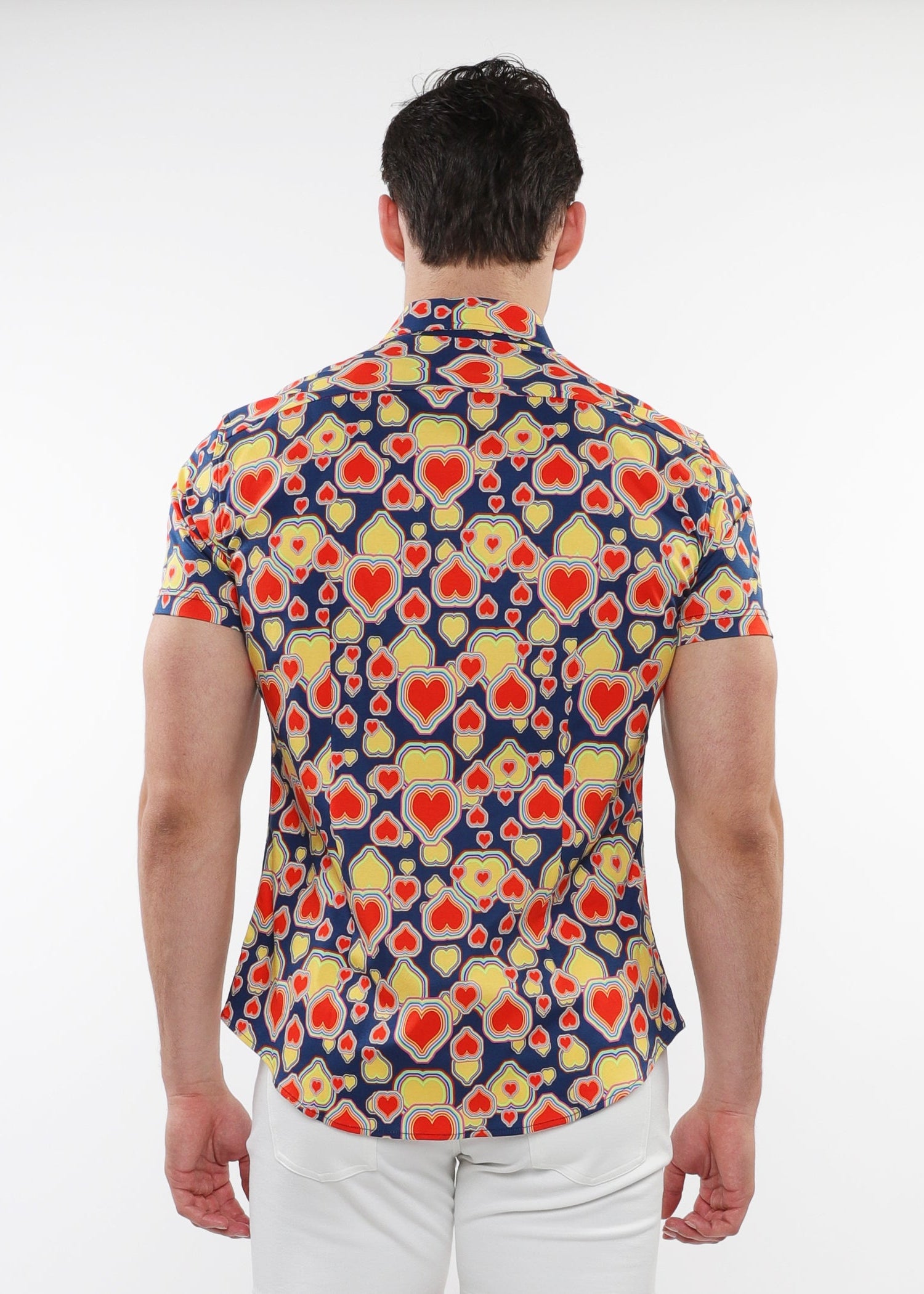 SAPPHIRE/PERSIMMON HEARTS PRINTED COTTON KNIT JERSEY SHORT SLEEVE SHIRT W/ CONTRAST PLACKET DETAIL ST-9315