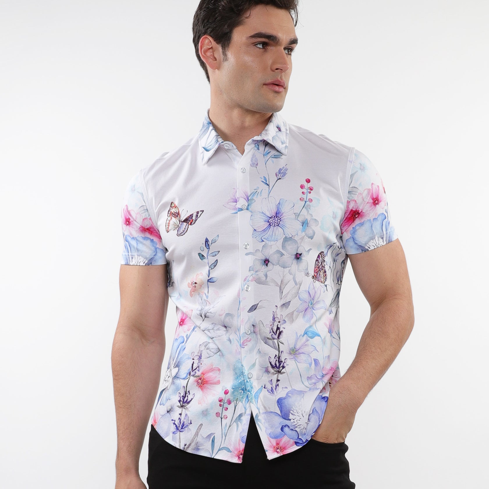 BLUE/TEAL WATERCOLORS PRINTED COTTON KNIT JERSEY SHORT SLEEVE SHIRT W/ BORDER PRINTS ST-9318