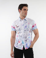 BLUE/TEAL WATERCOLORS PRINTED COTTON KNIT JERSEY SHORT SLEEVE SHIRT W/ BORDER PRINTS ST-9318
