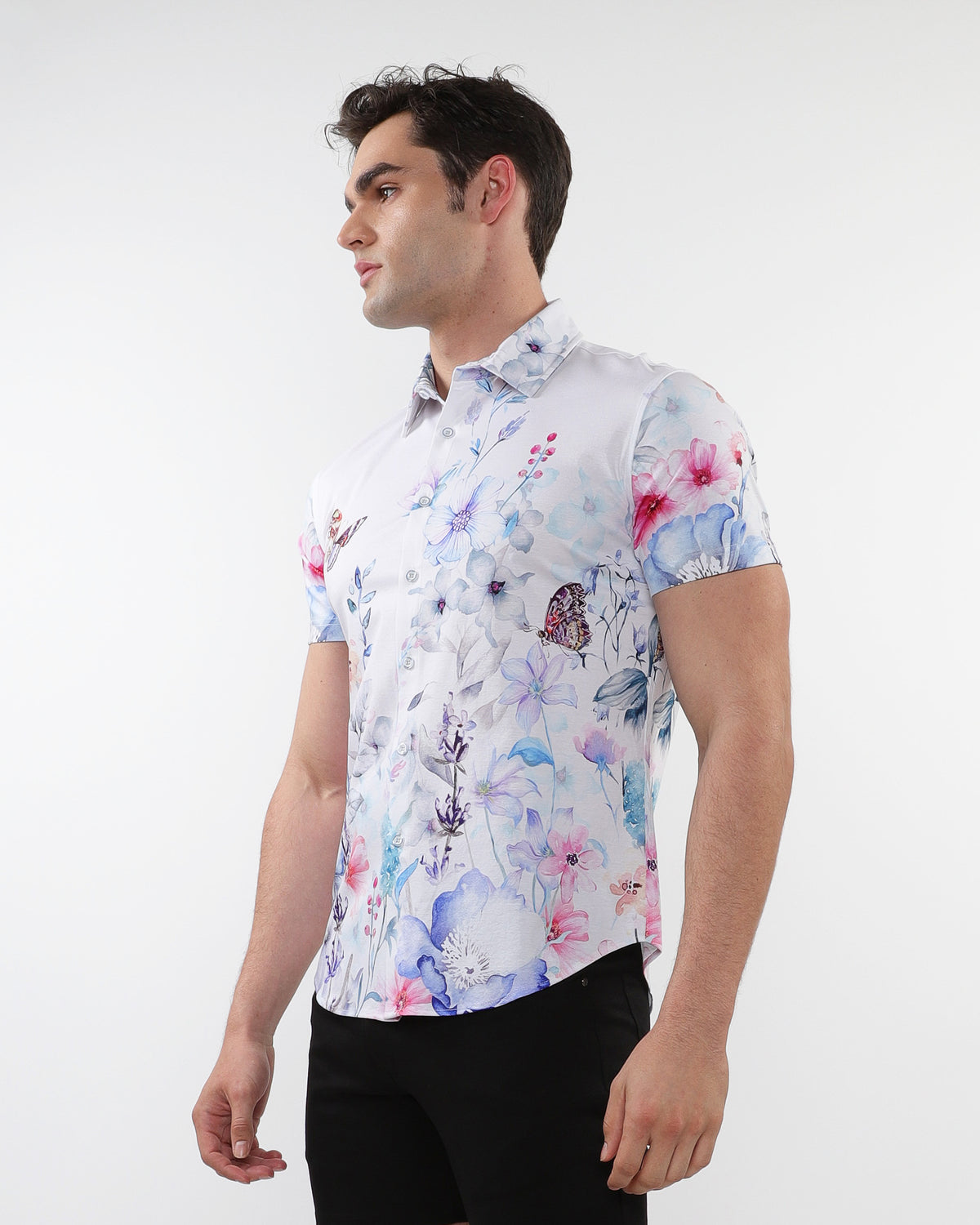 BLUE/TEAL WATERCOLORS PRINTED COTTON KNIT JERSEY SHORT SLEEVE SHIRT W/ BORDER PRINTS ST-9318