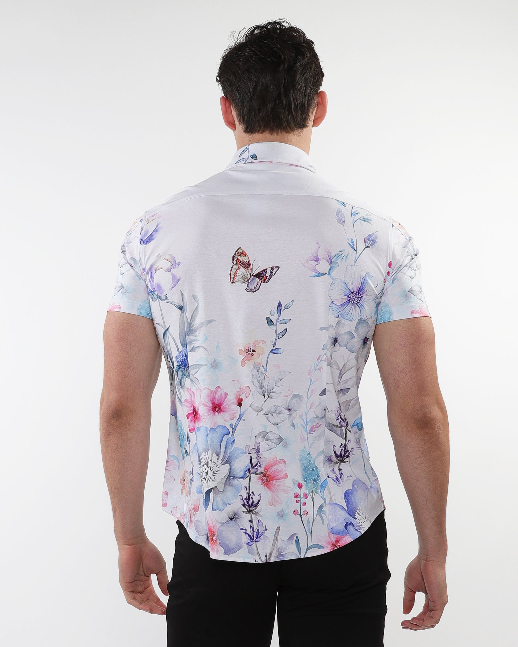 BLUE/TEAL WATERCOLORS PRINTED COTTON KNIT JERSEY SHORT SLEEVE SHIRT W/ BORDER PRINTS ST-9318