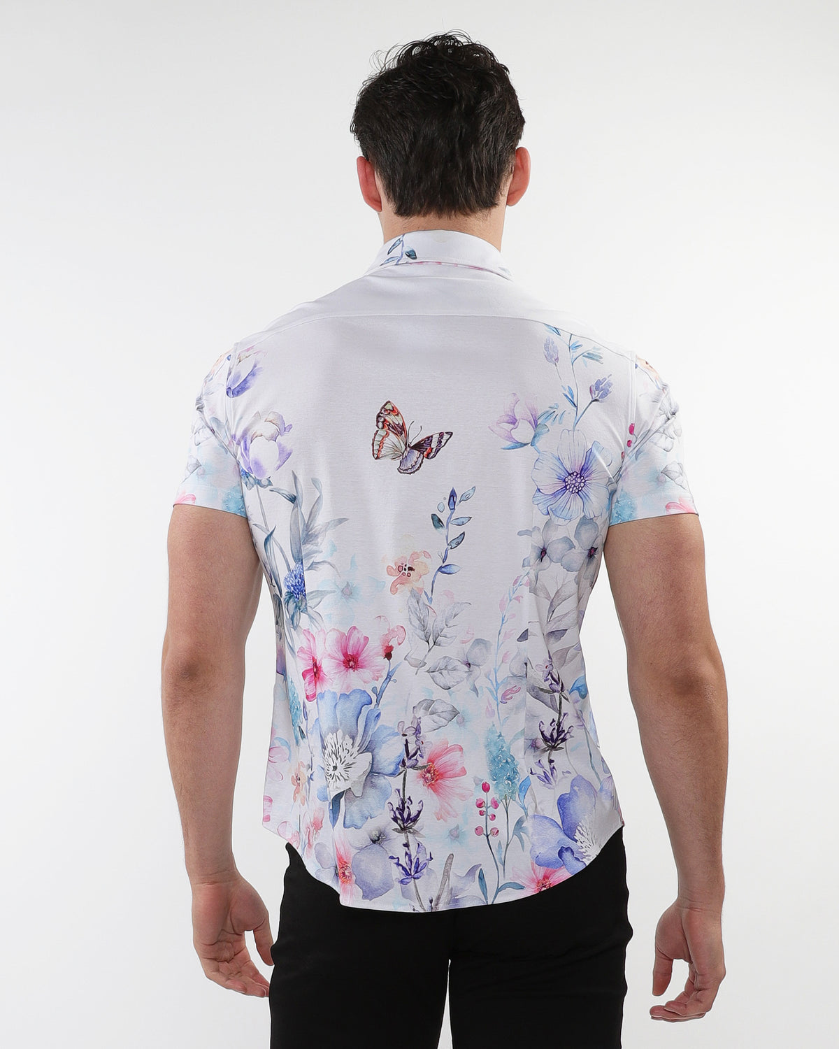 BLUE/TEAL WATERCOLORS PRINTED COTTON KNIT JERSEY SHORT SLEEVE SHIRT W/ BORDER PRINTS ST-9318