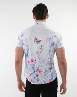 BLUE/TEAL WATERCOLORS PRINTED COTTON KNIT JERSEY SHORT SLEEVE SHIRT W/ BORDER PRINTS ST-9318