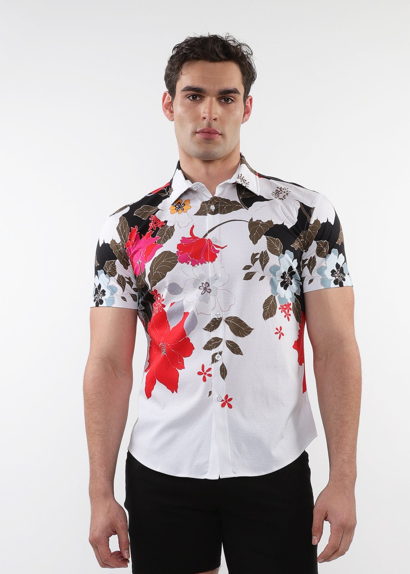 BLACK/RED FLORAL PRINTED COTTON KNIT JERSEY SHORT SLEEVE SHIRT W/ BORD