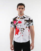 BLACK/RED FLORAL PRINTED COTTON KNIT JERSEY SHORT SLEEVE SHIRT W/ BORDER PRINTS ST-9319