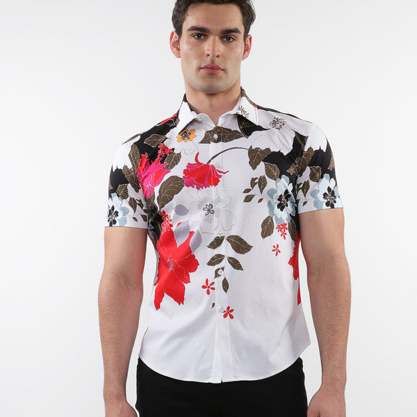 BLACK/RED FLORAL PRINTED COTTON KNIT JERSEY SHORT SLEEVE