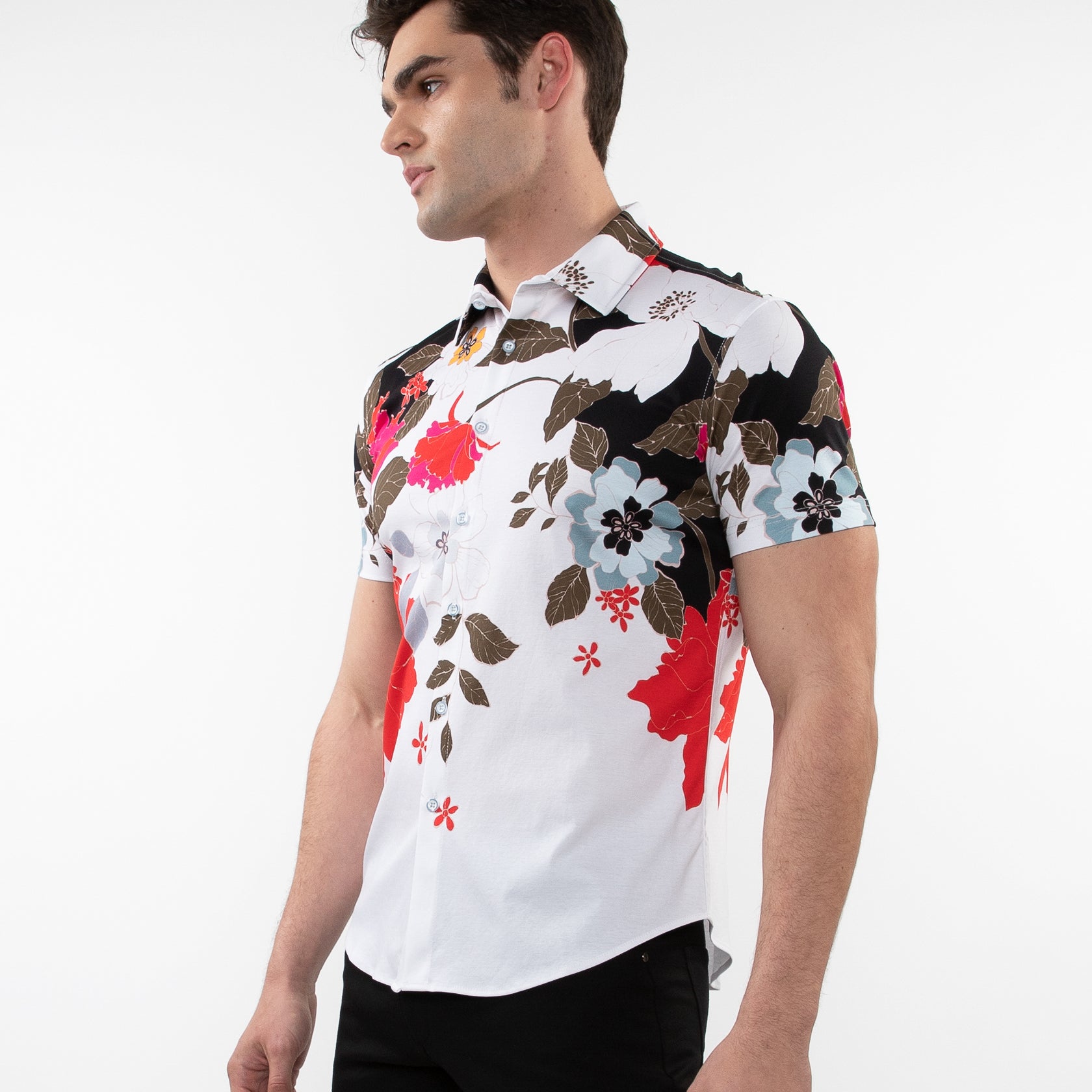 BLACK/RED FLORAL PRINTED COTTON KNIT JERSEY SHORT SLEEVE SHIRT W/ BORDER PRINTS ST-9319