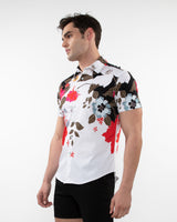 BLACK/RED FLORAL PRINTED COTTON KNIT JERSEY SHORT SLEEVE SHIRT W/ BORDER PRINTS ST-9319