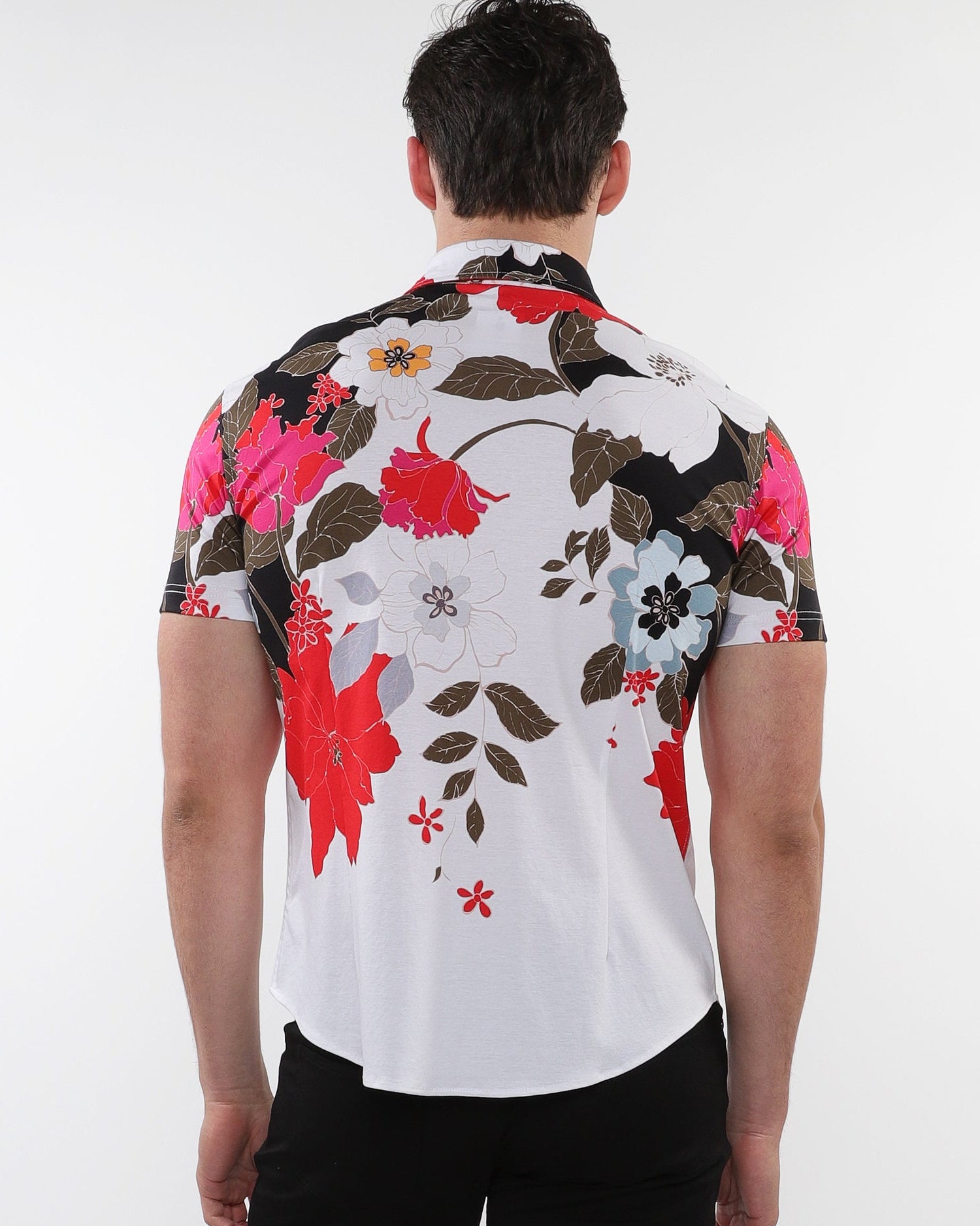 BLACK/RED FLORAL PRINTED COTTON KNIT JERSEY SHORT SLEEVE SHIRT W/ BORDER PRINTS ST-9319