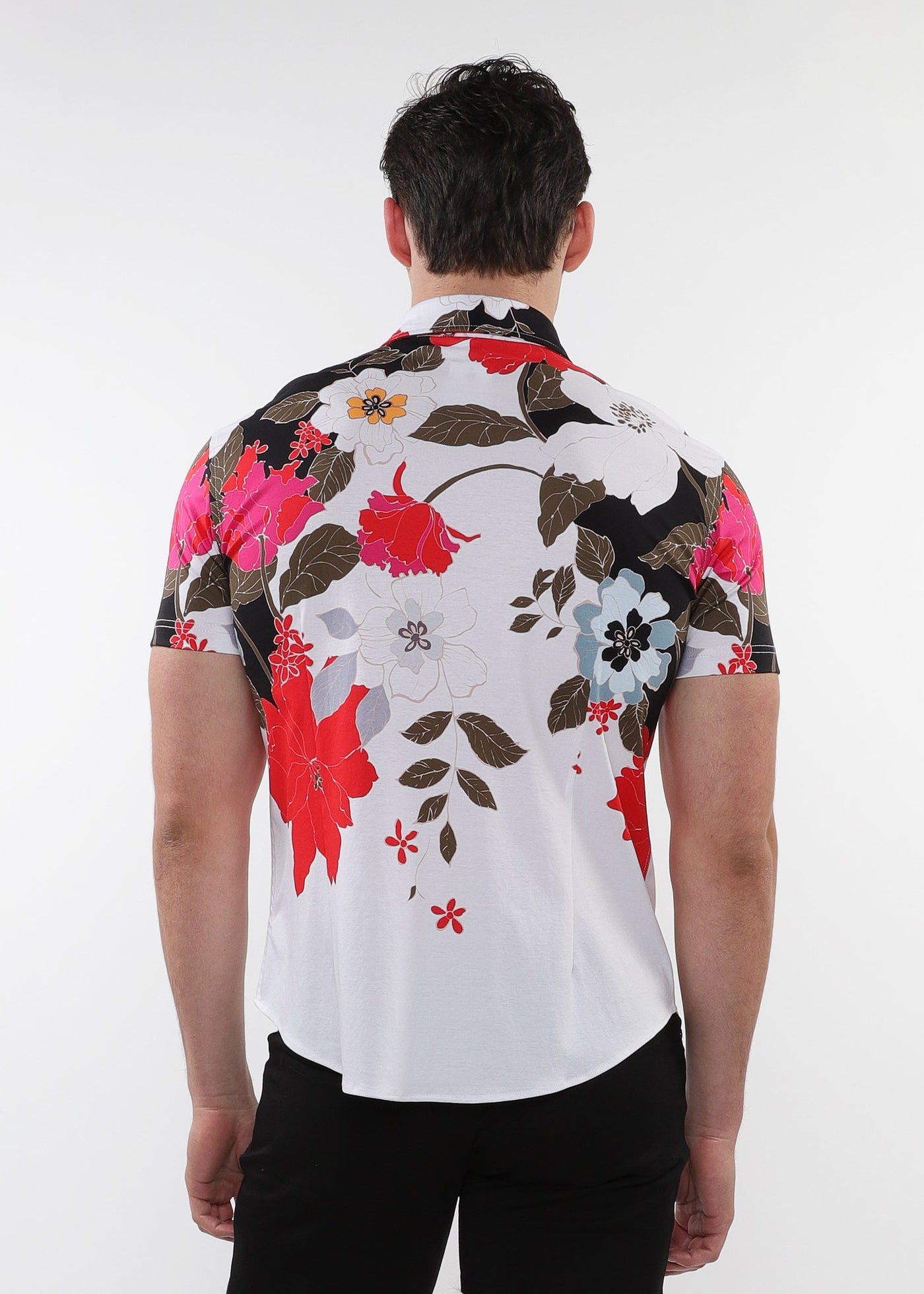 BLACK/RED FLORAL PRINTED COTTON KNIT JERSEY SHORT SLEEVE SHIRT W/ BORD