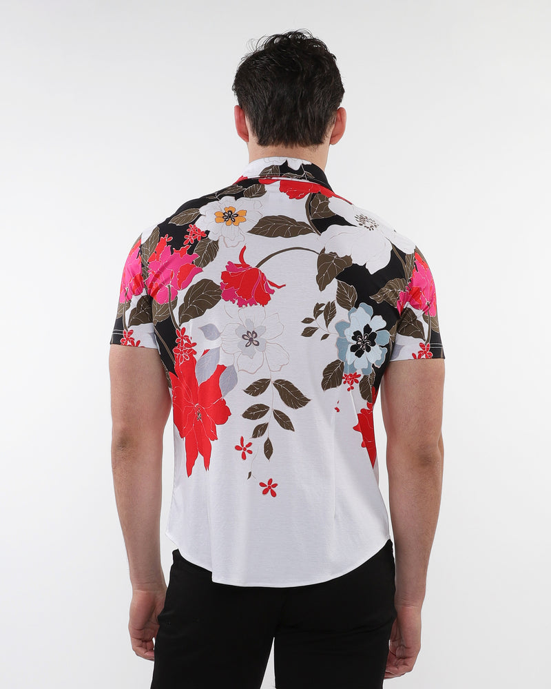 BLACK/RED FLORAL PRINTED COTTON KNIT JERSEY SHORT SLEEVE SHIRT W/ BORDER PRINTS ST-9319