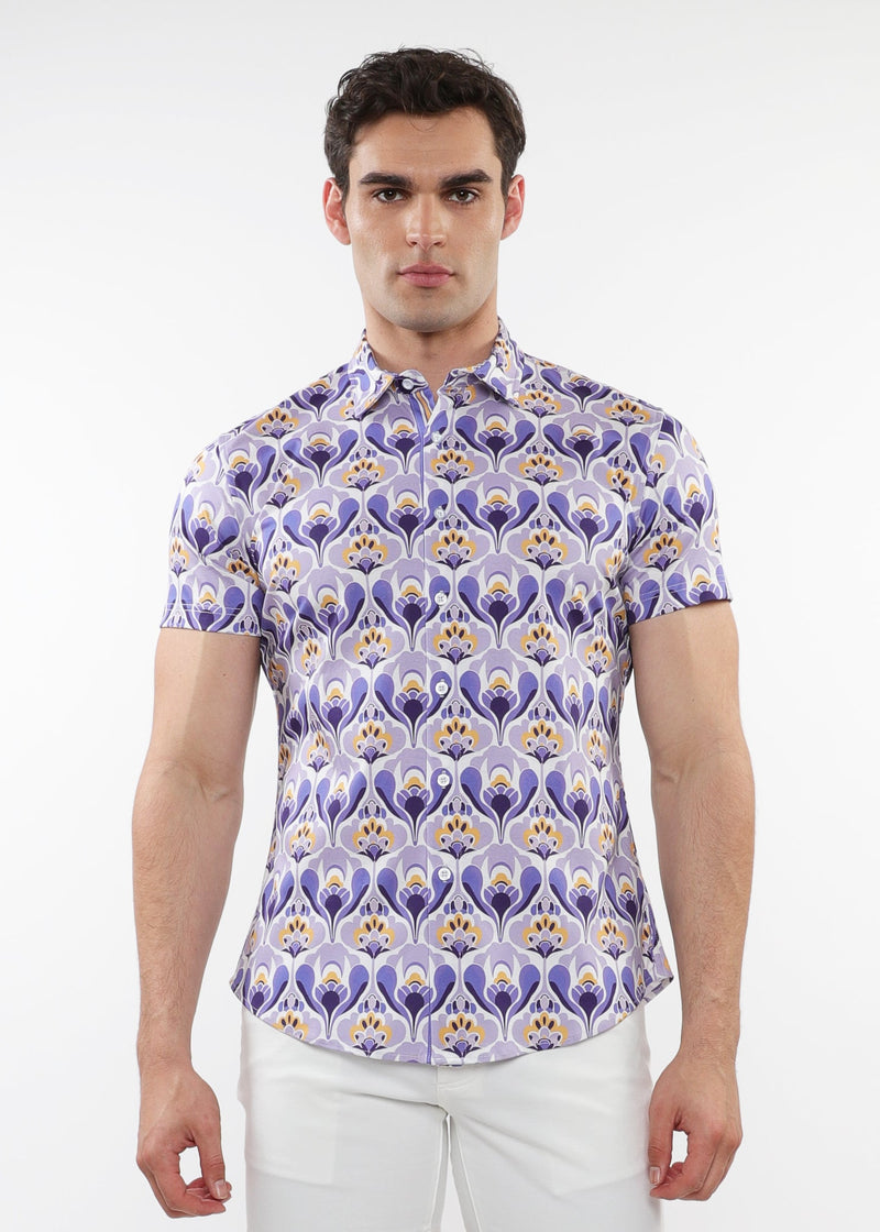 St33le Printed Cotton Knit Jersey Short Sleeve Shirt Purple/Gold St33le Printed Cotton Knit Jersey Short Sleeve Shirt Purple/Gold