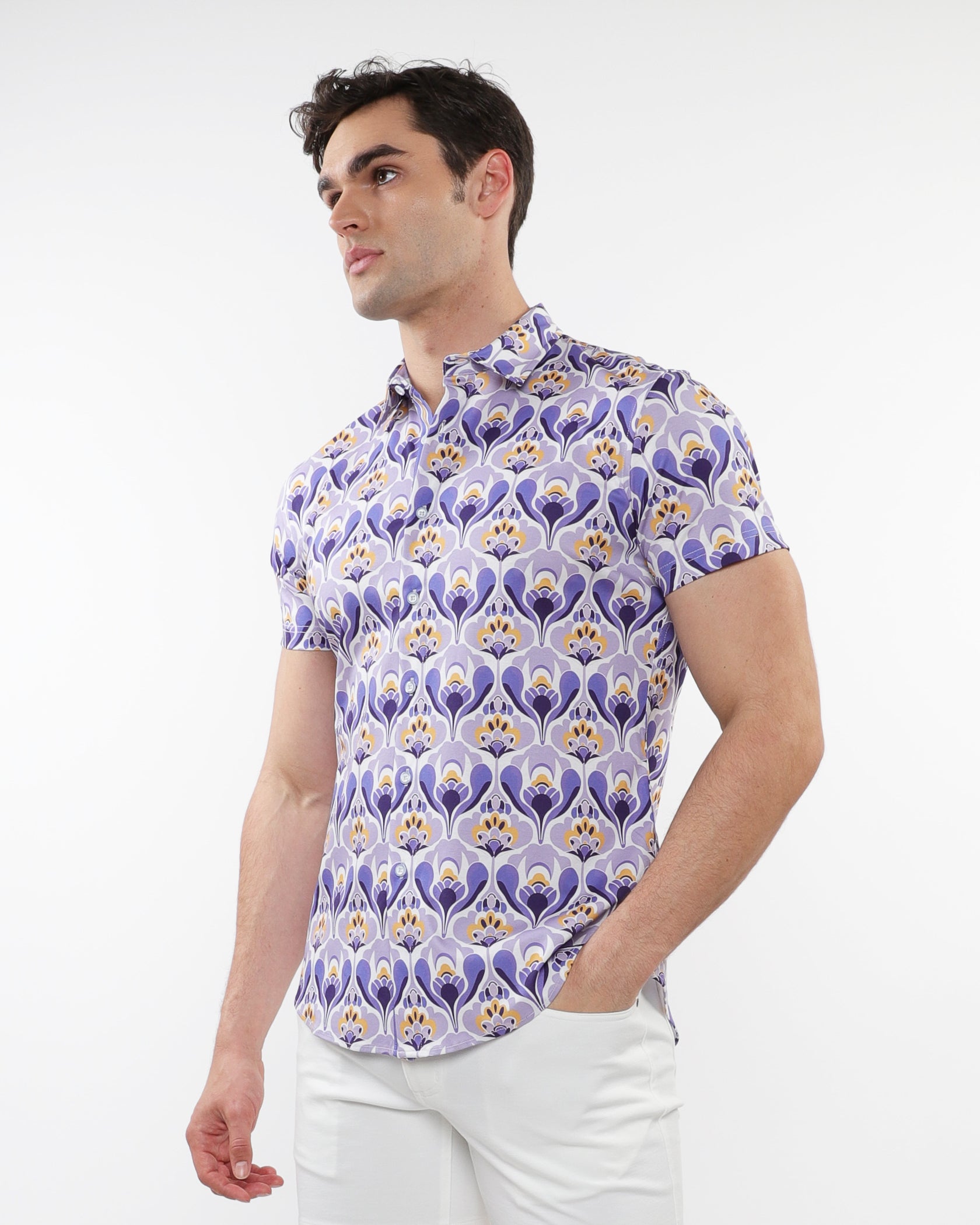 PURPLE/GOLD FLORAL PRINTED COTTON KNIT JERSEY SHORT SLEEVE SHIRT W/ CONTRAST PLACKET DETAIL ST-9324