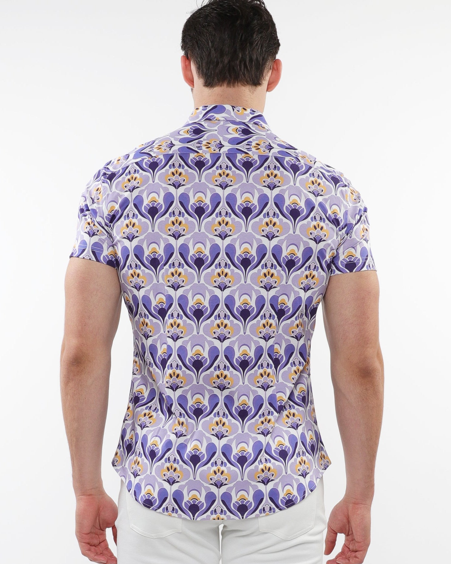 PURPLE/GOLD FLORAL PRINTED COTTON KNIT JERSEY SHORT SLEEVE SHIRT W/ CONTRAST PLACKET DETAIL ST-9324