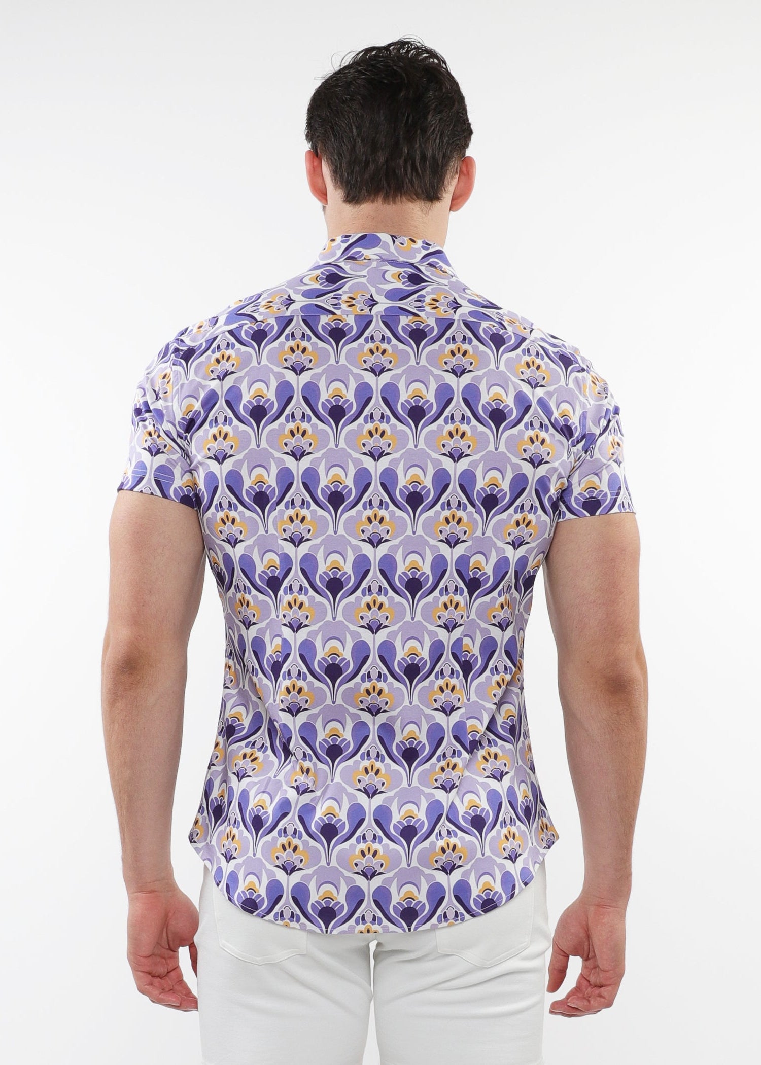 PURPLE/GOLD FLORAL PRINTED COTTON KNIT JERSEY SHORT SLEEVE SHIRT W/ CONTRAST PLACKET DETAIL ST-9324