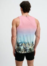 BLUSH/AQUA PALMS PRINTED STRETCH MESH TANK ST-11148