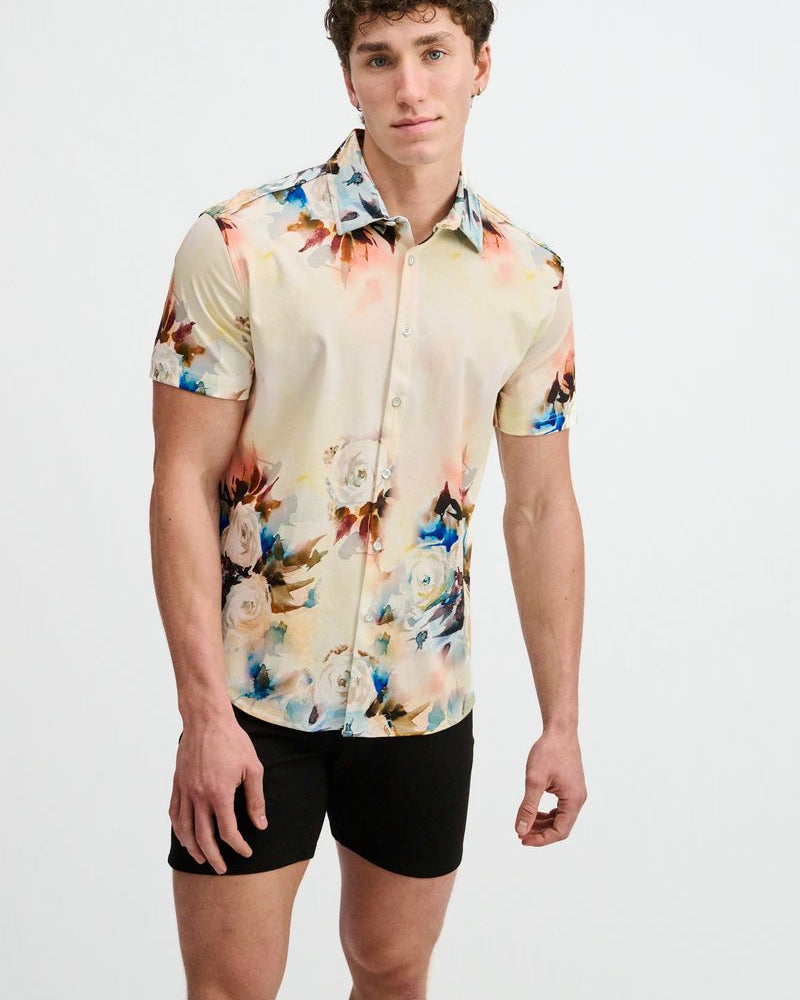 YOLK/BLUSH FLORAL ENGINEERED BORDER PRINT COTTON KNIT JERSEY SHORT SLEEVE SHIRT ST-9356