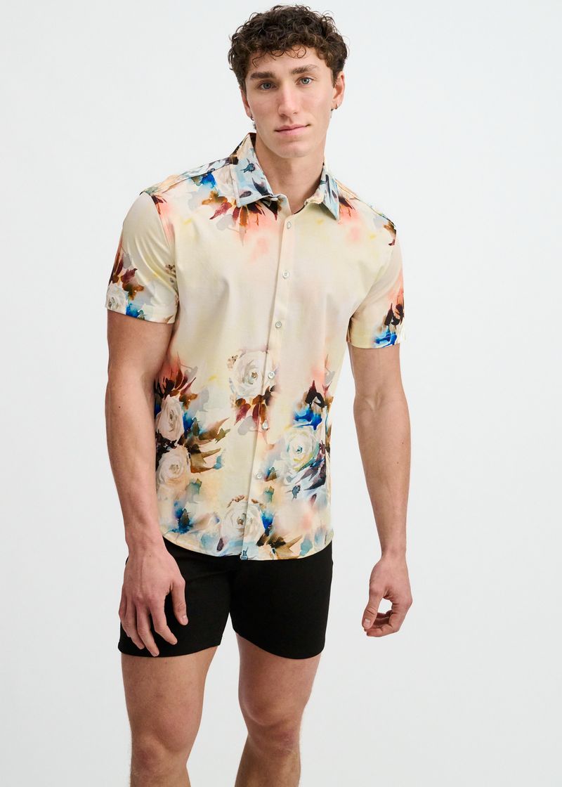 YOLK/BLUSH FLORAL ENGINEERED BORDER PRINT COTTON KNIT JERSEY SHORT SLEEVE SHIRT ST-9356