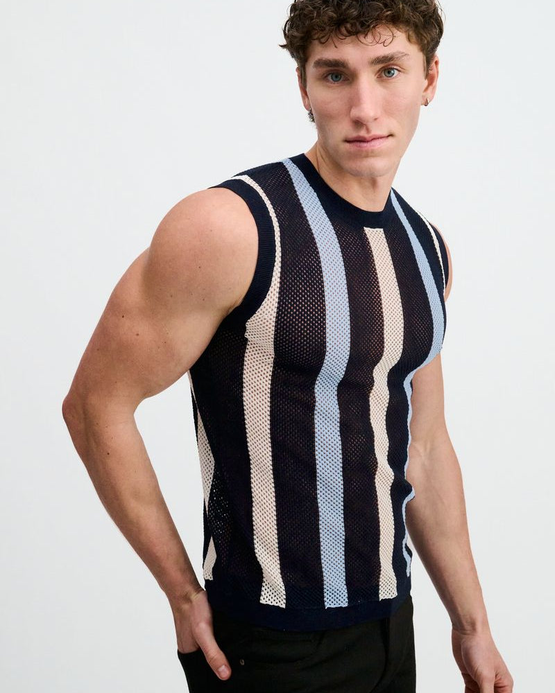 NAVY TEXTURED STRIPE OPEN KNIT VEST ST-24311