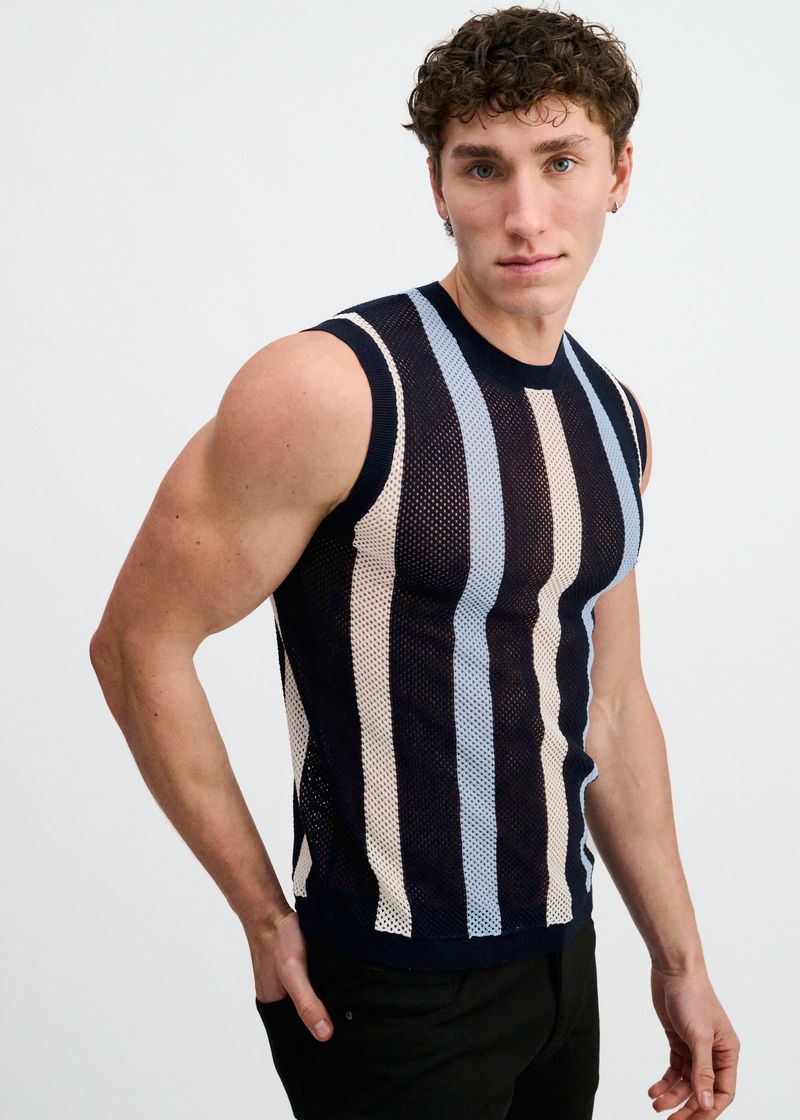 NAVY TEXTURED STRIPE OPEN KNIT VEST ST-24311