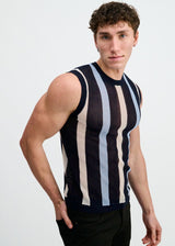 NAVY TEXTURED STRIPE OPEN KNIT VEST ST-24311