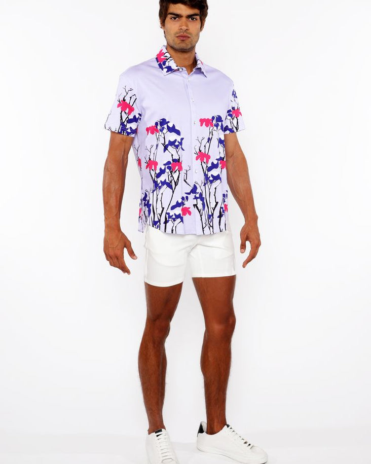 NAVY/LILAC FLORAL BORDER PRINT COTTON JERSEY KNIT SHORT SLEEVE SHIRT ST-9336