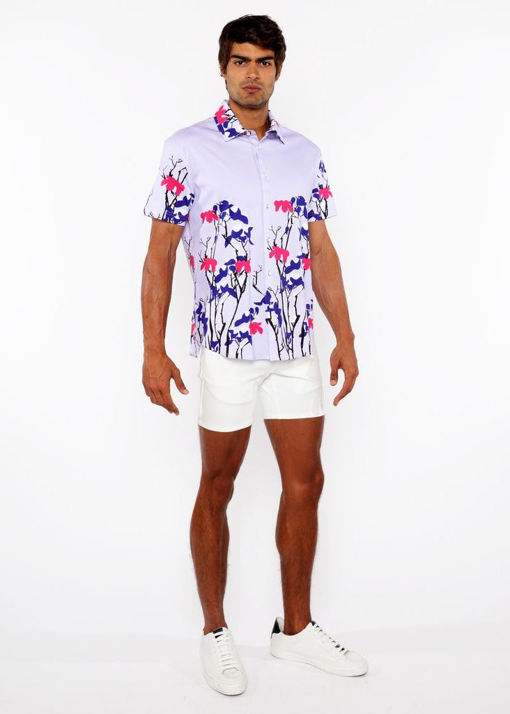 NAVY/LILAC FLORAL BORDER PRINT COTTON JERSEY KNIT SHORT SLEEVE SHIRT ST-9336