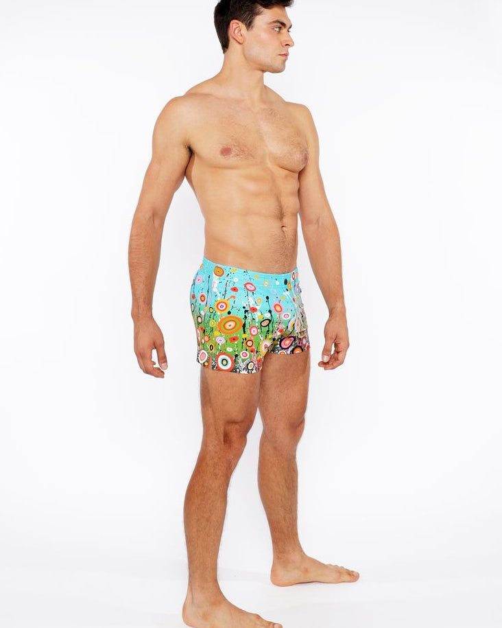 SKY/MULTI CIRCLE BURTS PRINTED SWIM SHORT W/MESH BRIEF LINING ST-8024-01