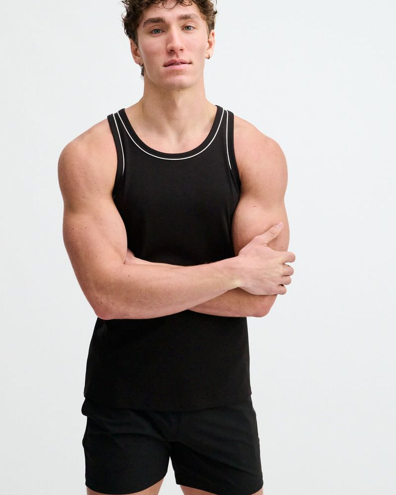 BLACK/WHITE RIB STRETCH COTTON/TENCEL TANK W/FINE PIPING DETAIL STA-16011