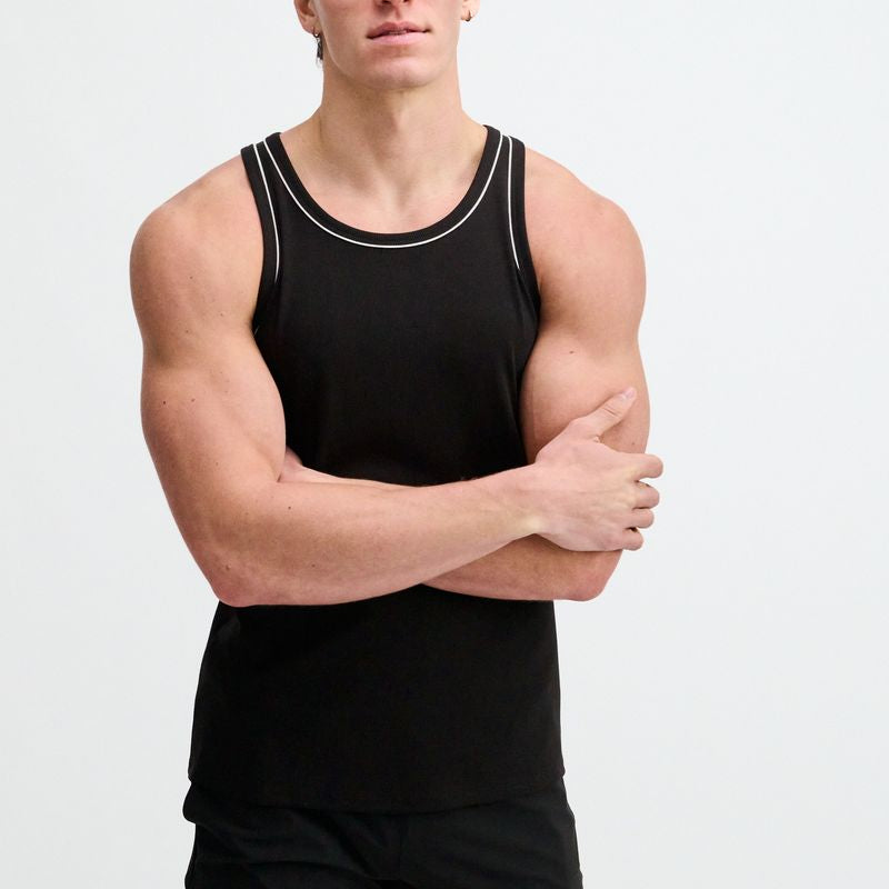 BLACK/WHITE RIB STRETCH COTTON/TENCEL TANK W/FINE PIPING DETAIL STA-16011