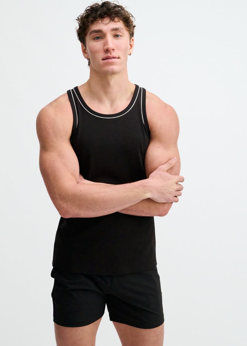 BLACK/WHITE RIB STRETCH COTTON/TENCEL TANK W/FINE PIPING DETAIL STA-16011