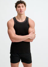 BLACK/WHITE RIB STRETCH COTTON/TENCEL TANK W/FINE PIPING DETAIL STA-16011