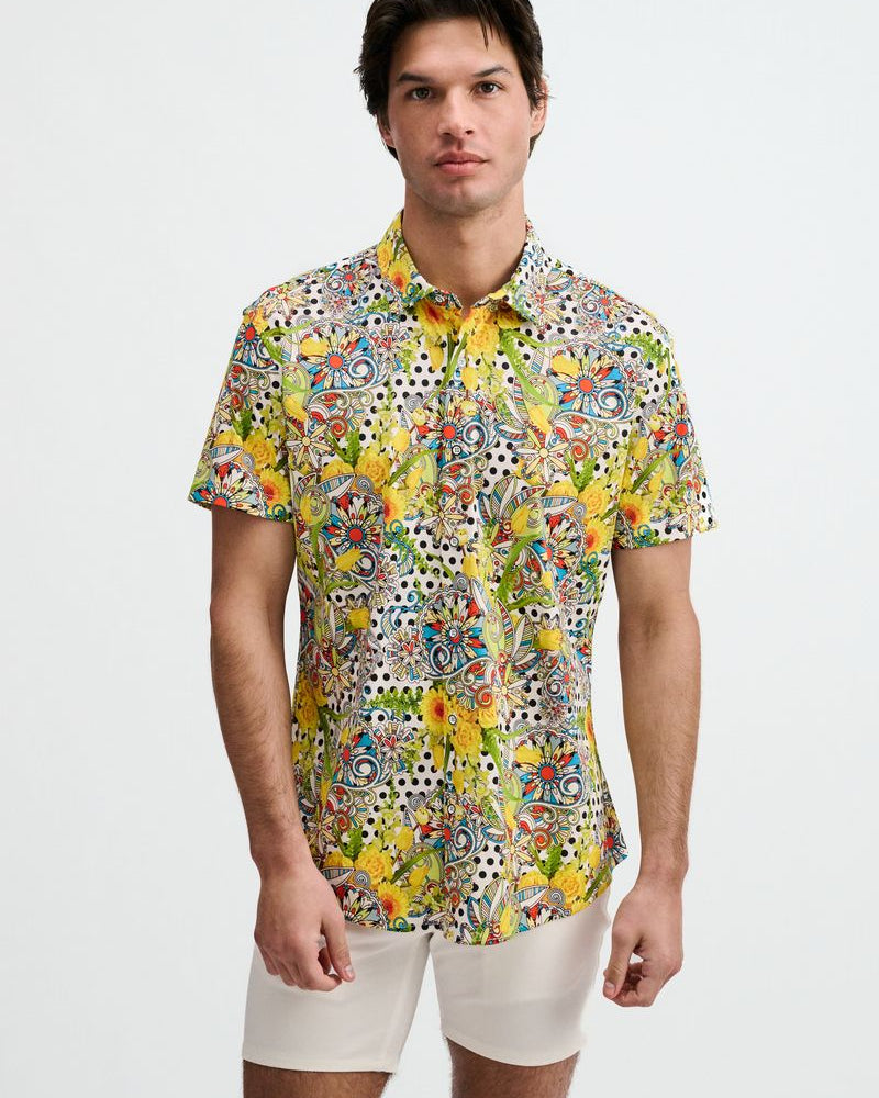 YELLOW/GREEN FLORAL DOTS PRINTED COTTON KNIT JERSEY SHORT SLEEVE SHIRT ST-9365