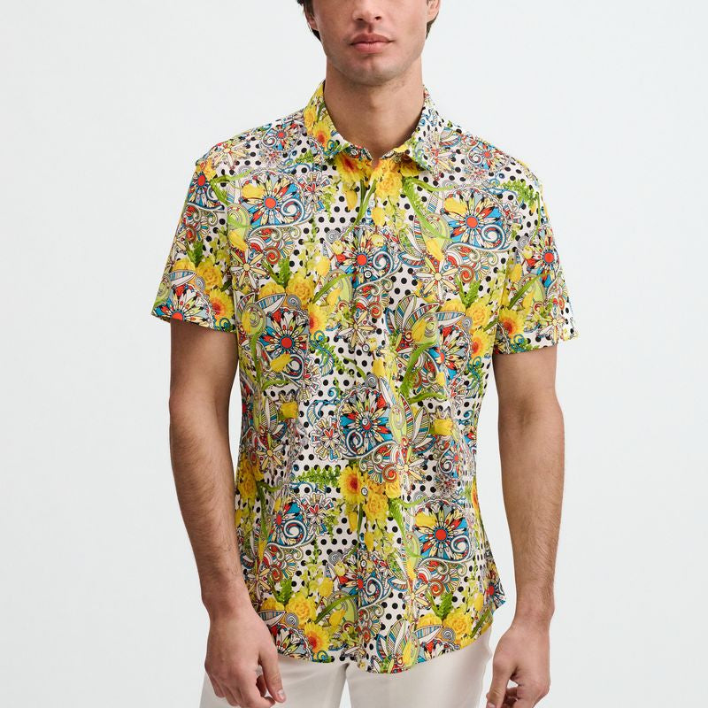 YELLOW/GREEN FLORAL DOTS PRINTED COTTON KNIT JERSEY SHORT SLEEVE SHIRT ST-9365