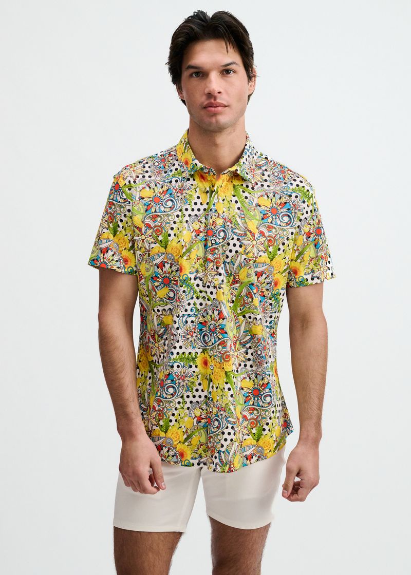 YELLOW/GREEN FLORAL DOTS PRINTED COTTON KNIT JERSEY SHORT SLEEVE SHIRT ST-9365