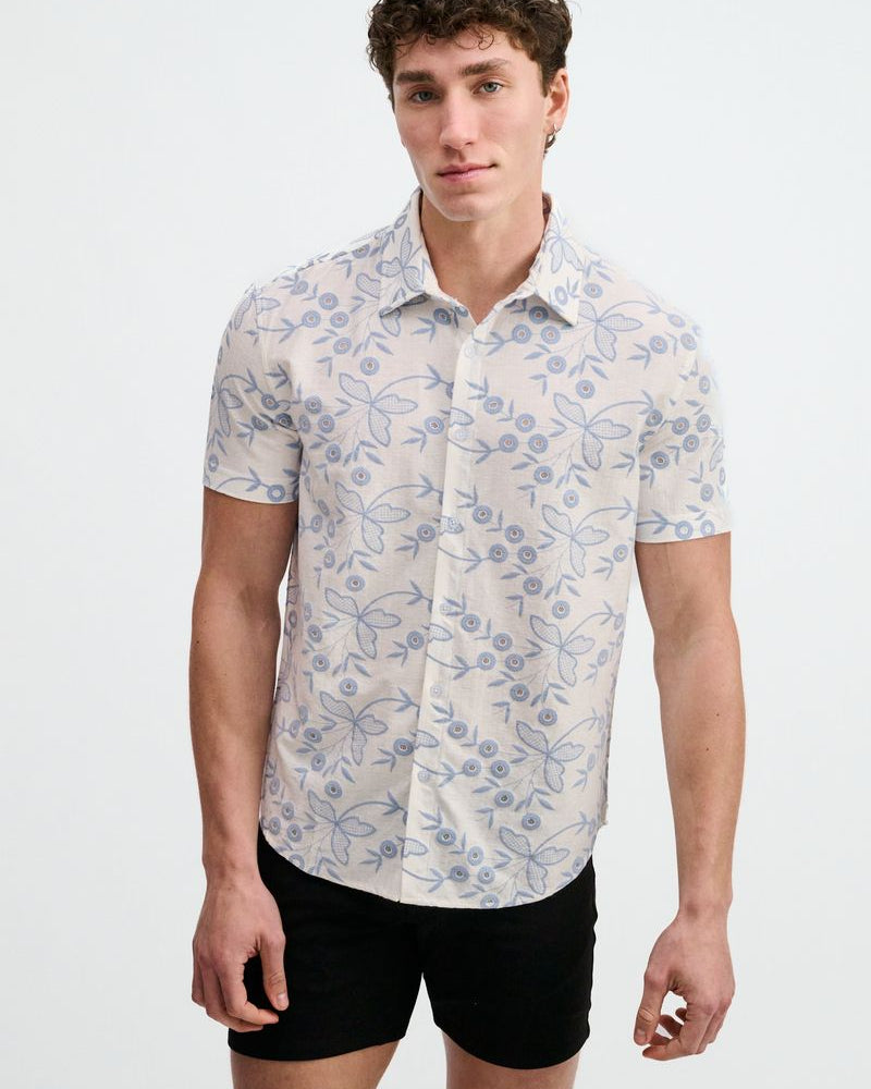 SKY/WHITE PRINTED STRETCH EYELET KNIT SHORT SLEEVE SHIRT ST-24077
