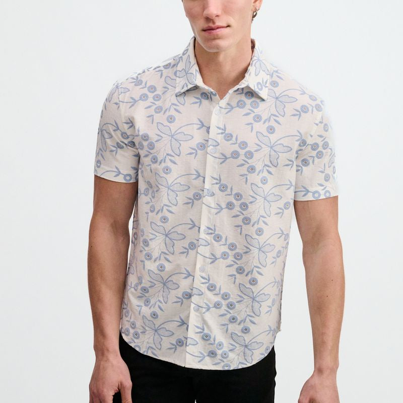 SKY/WHITE PRINTED STRETCH EYELET KNIT SHORT SLEEVE SHIRT ST-24077