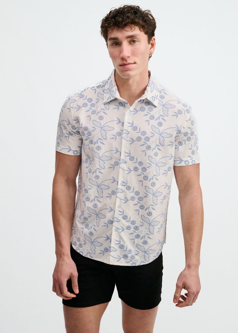 SKY/WHITE PRINTED STRETCH EYELET KNIT SHORT SLEEVE SHIRT ST-24077