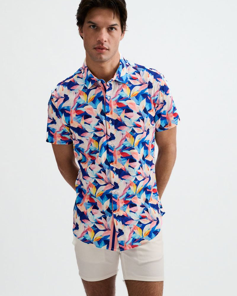 NAVY/BLUSH LEAVES PRINTED COTTON KNIT JERSEY SHORT SLEEVE SHIRT W/PLACKET DETAIL ST-9357