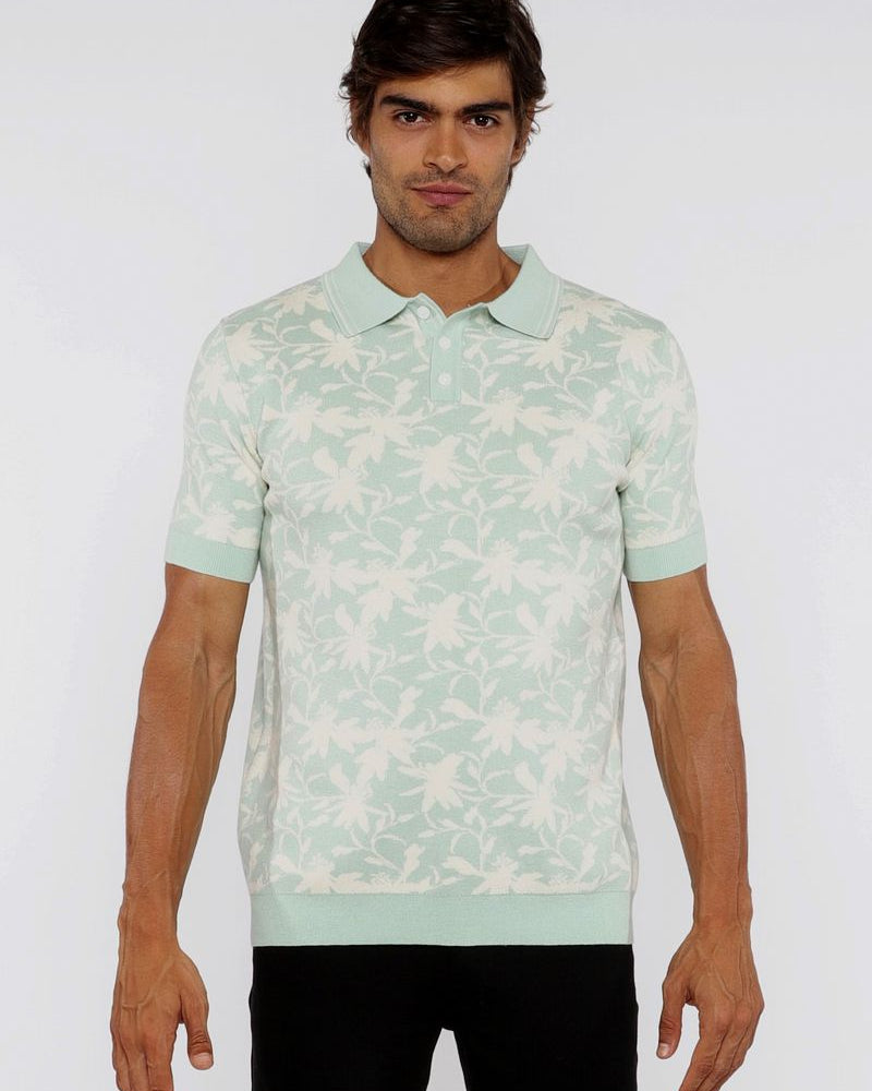 ALOE/CREAM FOLIAGE JACQUARD KNIT 3-BUTTON POLO ST-24306