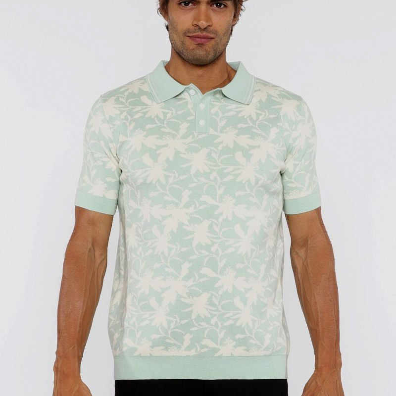 ALOE/CREAM FOLIAGE JACQUARD KNIT 3-BUTTON POLO ST-24306