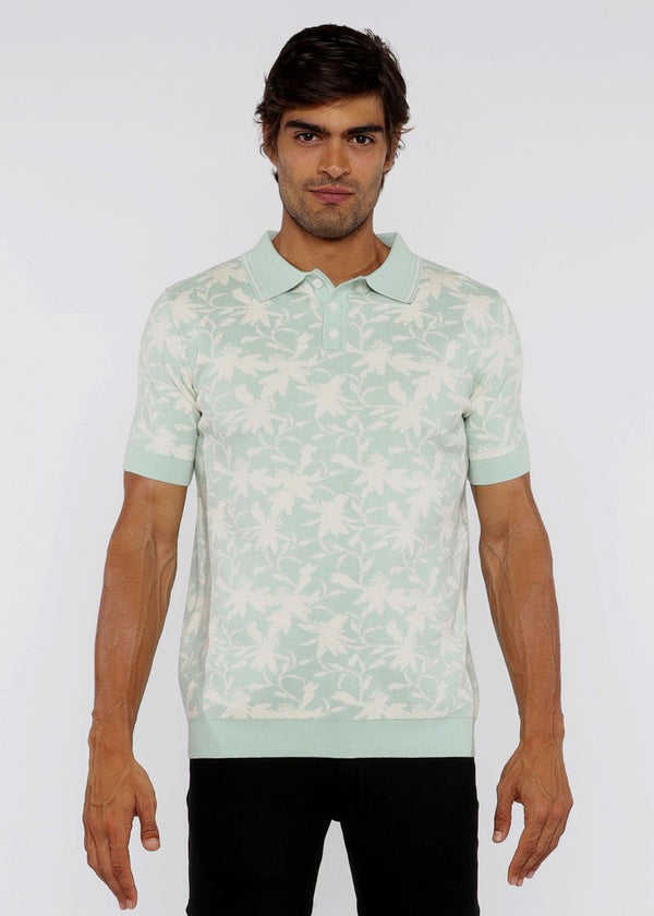 ALOE/CREAM FOLIAGE JACQUARD KNIT 3-BUTTON POLO ST-24306