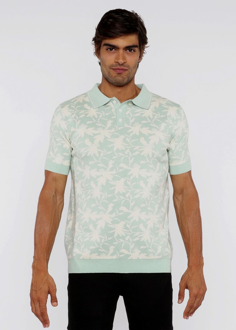 ALOE/CREAM FOLIAGE JACQUARD KNIT 3-BUTTON POLO ST-24306
