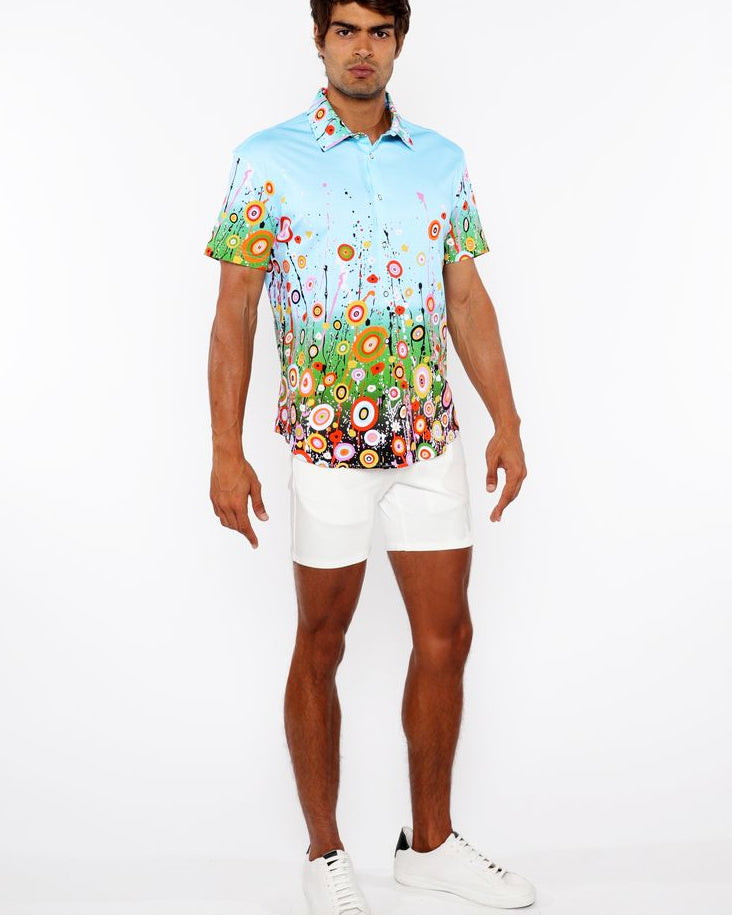 SKY/MULTI CIRCLE BURSTS BORDER PRINT COTTON JERSEY KNIT SHORT SLEEVE SHIRT ST-9342