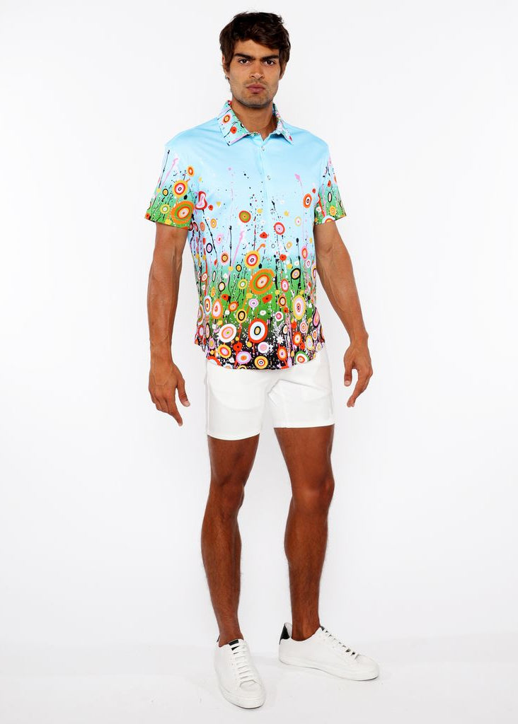 SKY/MULTI CIRCLE BURSTS BORDER PRINT COTTON JERSEY KNIT SHORT SLEEVE SHIRT ST-9342