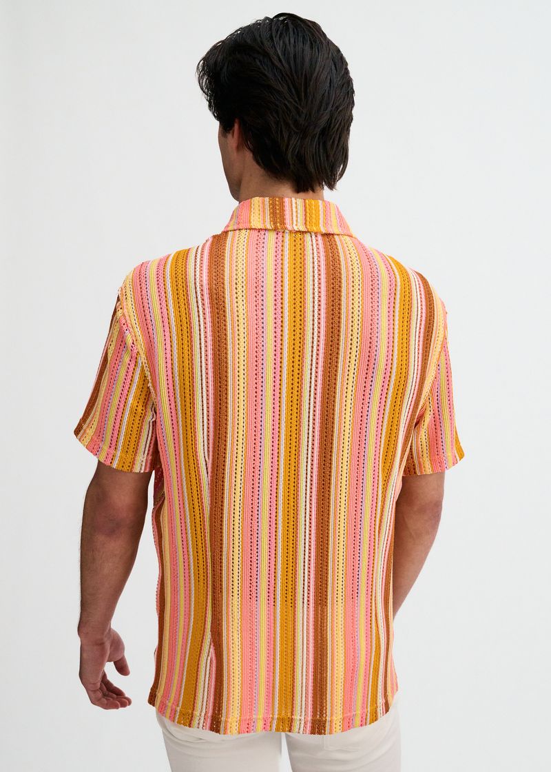 SORBET/CORAL VERTICAL STRIPE OPEN KNIT SHORT SLEEVE SHIRT ST-24073